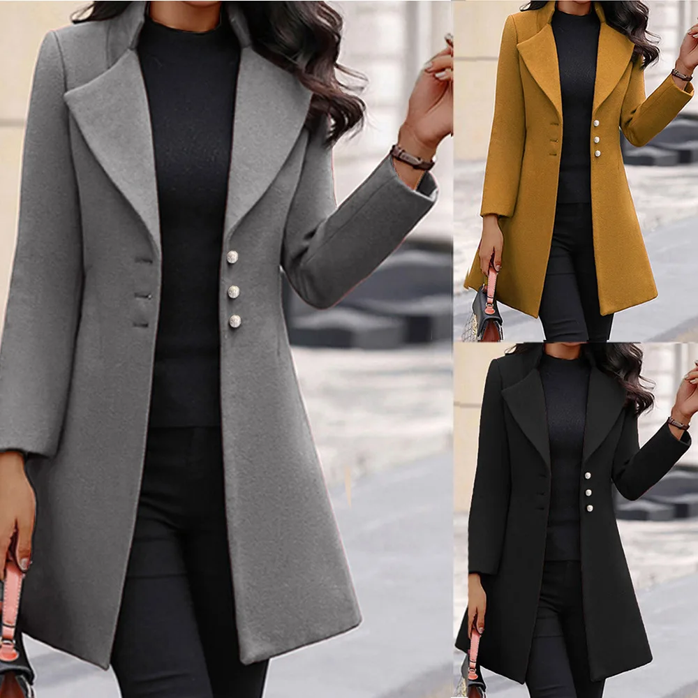 

2021 Winter Long Korean Wool Lapel Thin Solid Color Slim Fit Women's Wool Coat