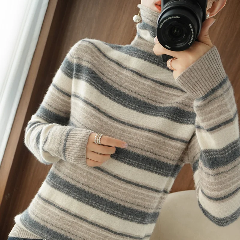 

Осенне-зимний свитер из 100% шерсти, женский свитер контрастных цветов в полоску, свитер с воротником-ворсом для женщин