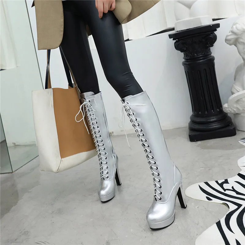 

MORAZORA 2020 hot sale women knee high boots round toe high heel platform boots zip lace up autumn winter party prom shoes woman