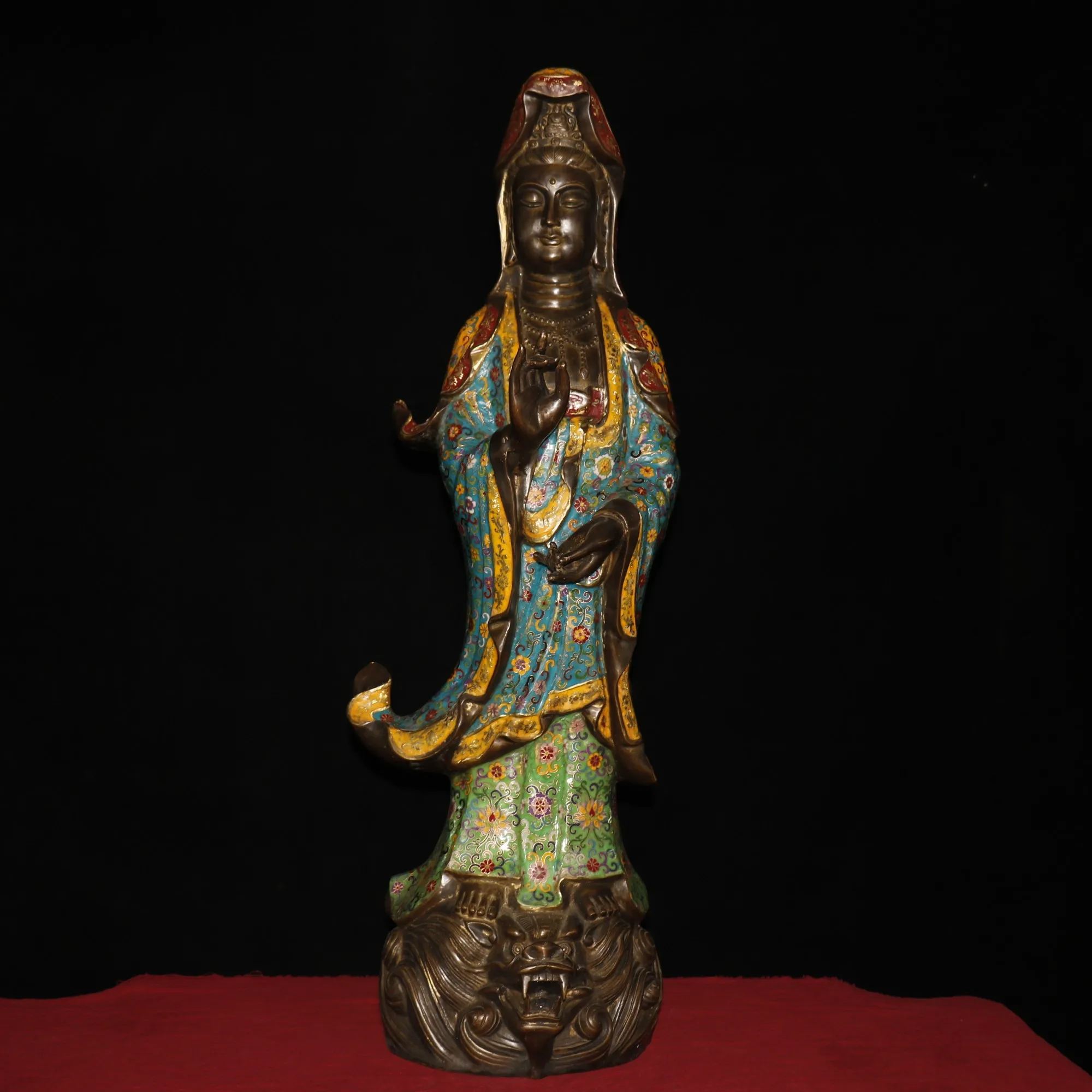 39Tibetan Temple Collection Bronze Cloisonne Enamel Guanyin Bodhisattva Statue Avalokitesvara Standing Buddha Ornaments