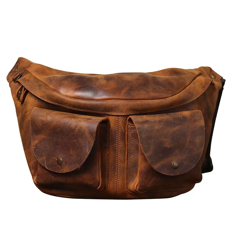 Crazy Horse Leather Waist Packs for Men Fanny Pack Belt Bag Phone Pouch Bags Large Travel Waist Bag Crossbody Shoulder Bag