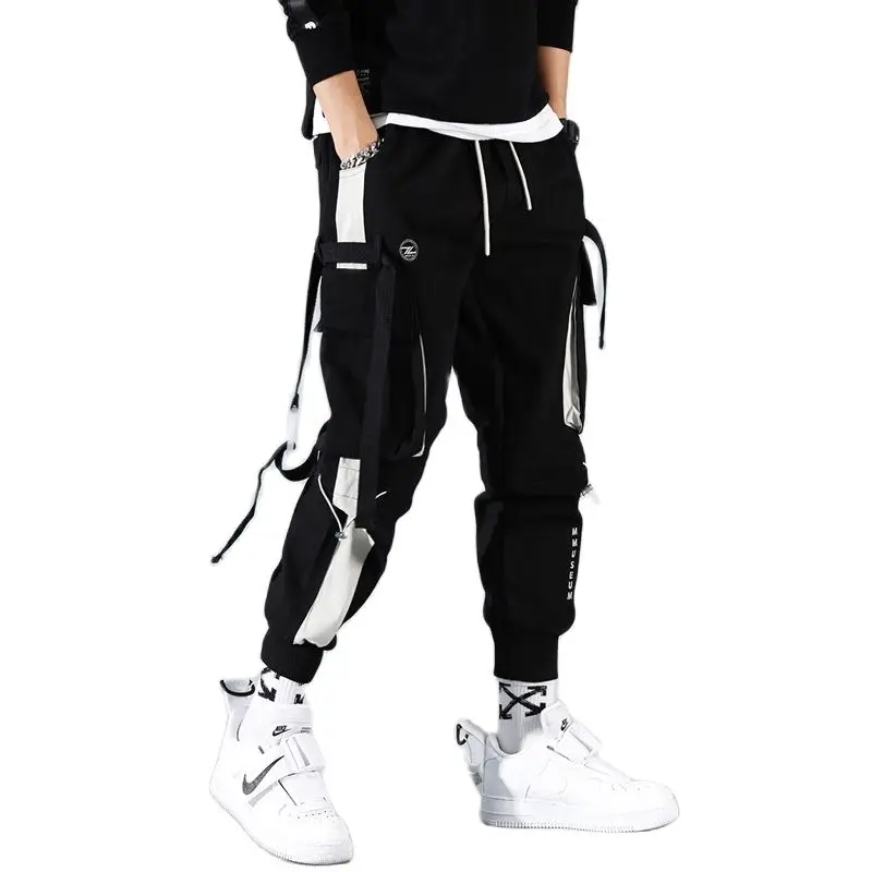 

Men Black Harem Cargo Pants Joggers Multi-pocket Ribbons Sweatpants Streetwear Casual Elastic waist Male Trouser