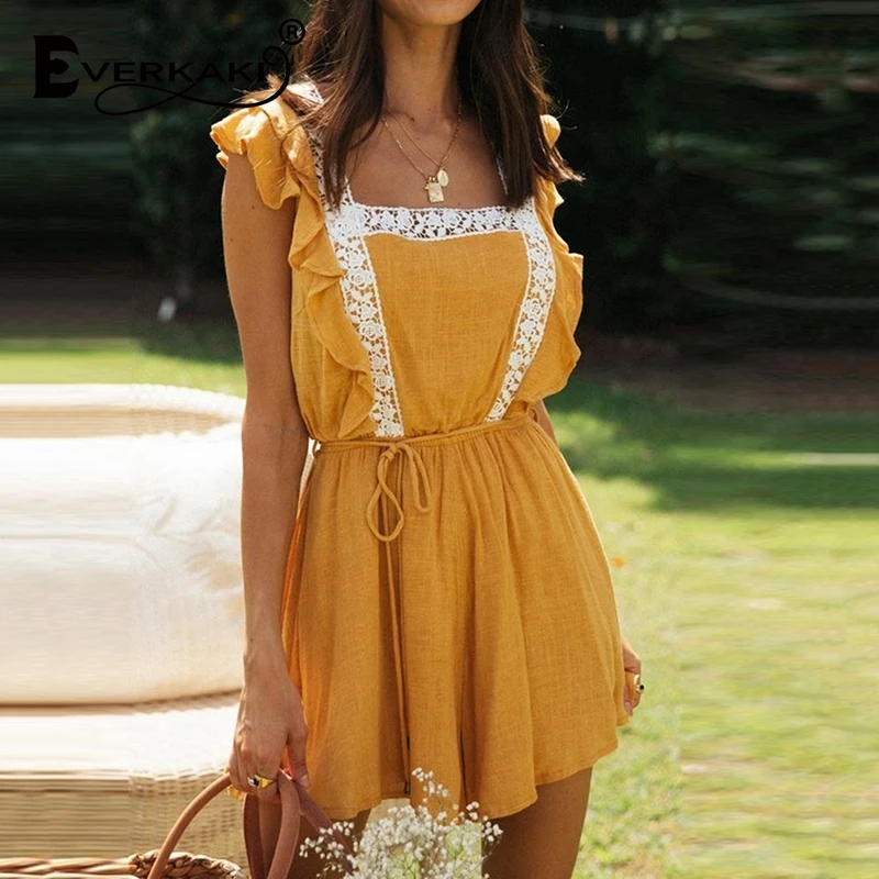 

Everkaki Boho Mini Dresses Women Lace Patchwork Yellow with Sashes Ruffles Ladies Summer Vestidos Beach Dress Female 2021 New