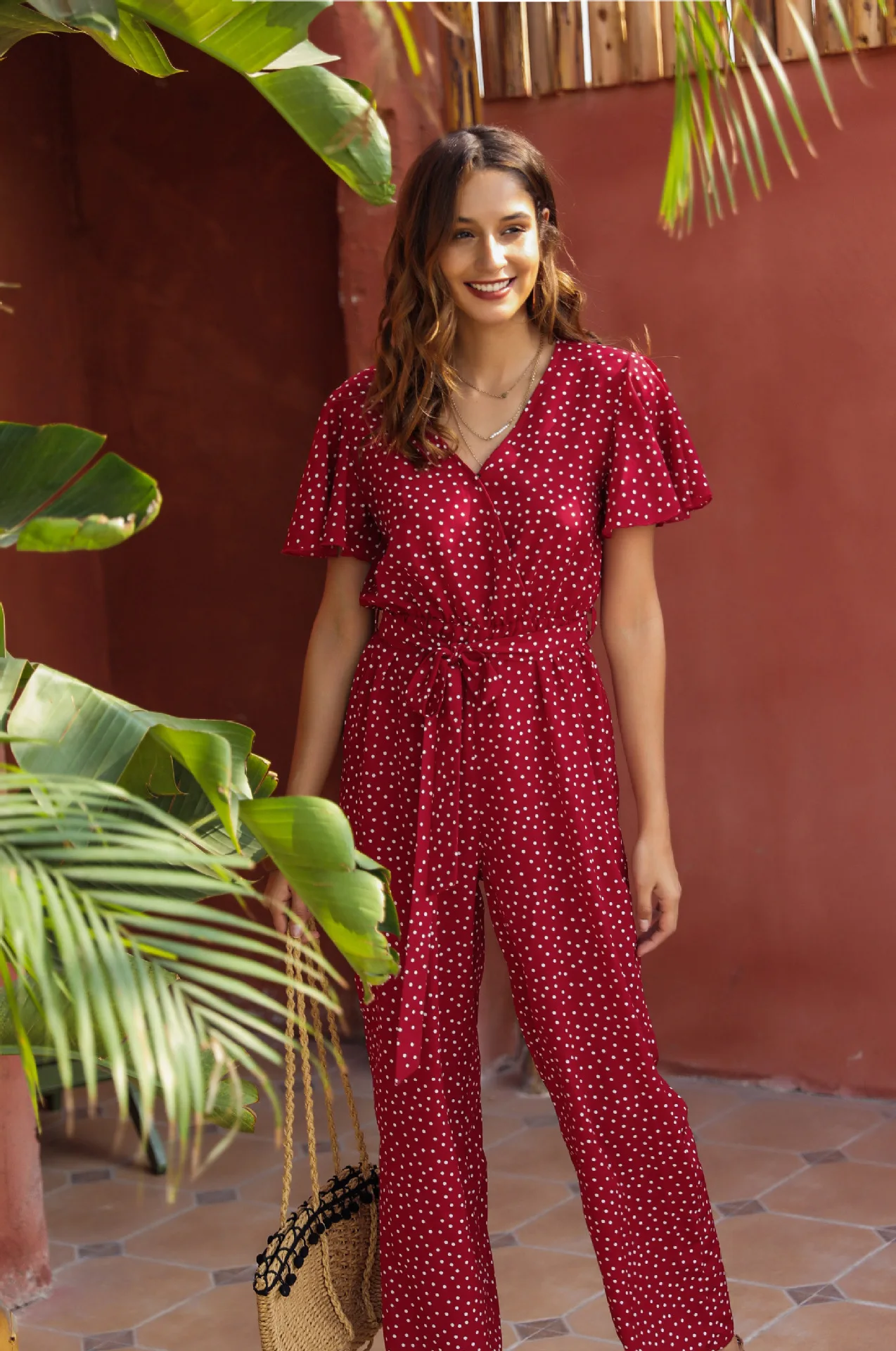 

Women casual summer jumpsuit romper 2021 red dot print ruffle beach romper playsuit vintage long pants boho romper overalls