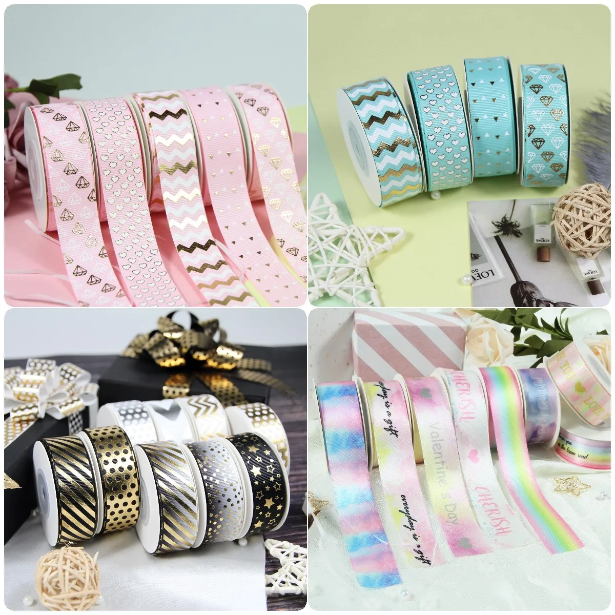 7/8&quot 22mm Gold Foil Gold/white Diamond Pink/aqua Grosgrain Ribbon Gift Packing Deco 10Yards/roll Webbing Diy Supplies | Дом и сад