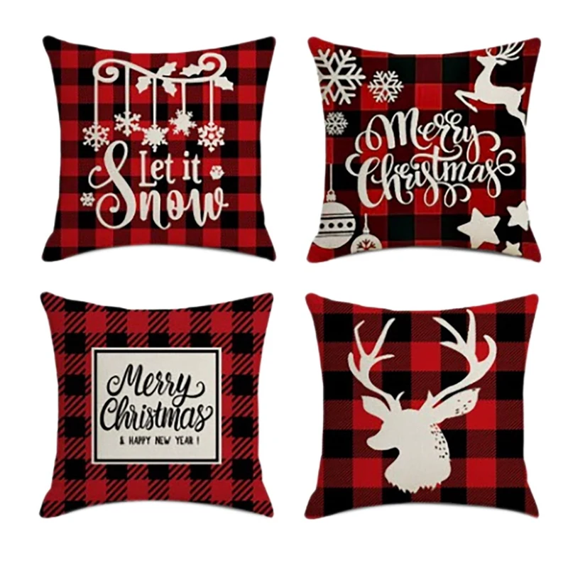 

4Pcs Christmas Pillowcase Santa Square Home Economic Decor Linen Pillow Cases Cushion Covers for Sofa Car Gift 45x45cm