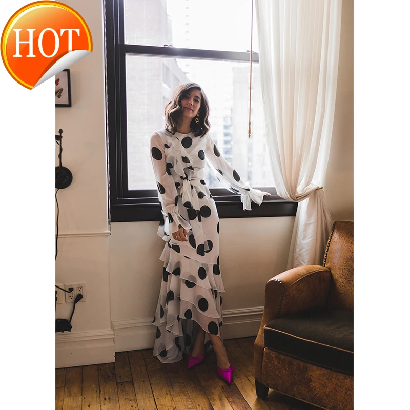 

spring new tunic lace up Ruffle long sleeve big dot Print Chiffon holiday dress for women