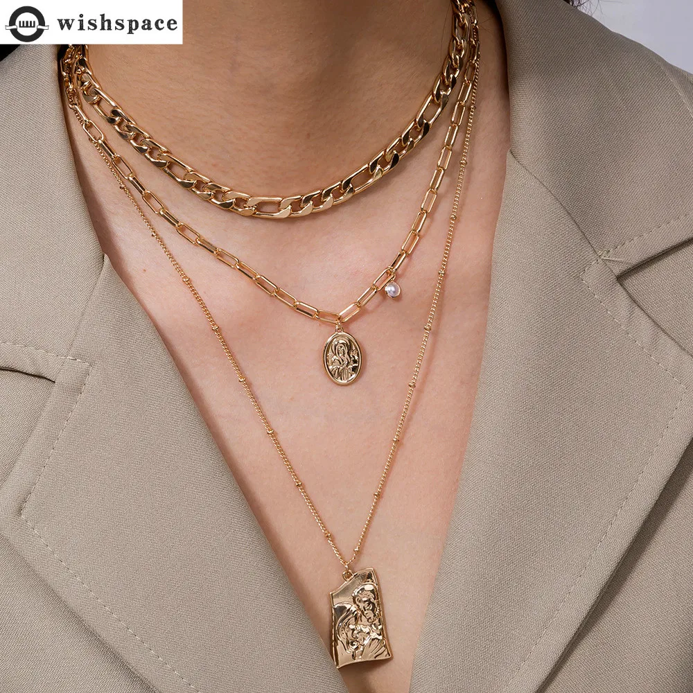 

European and American heavy metal texture Buddha head relief pendant sweater chain women simple multilayer necklace jewelry