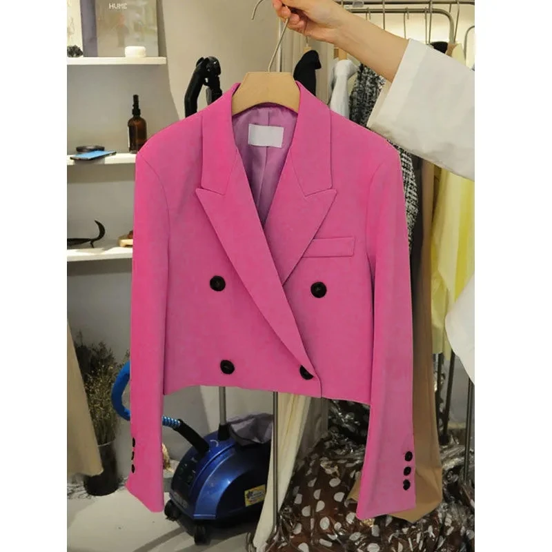 

2021 autumn new casual British wind small suit jacket women's double-breasted short suit top short blazer Button Polyester