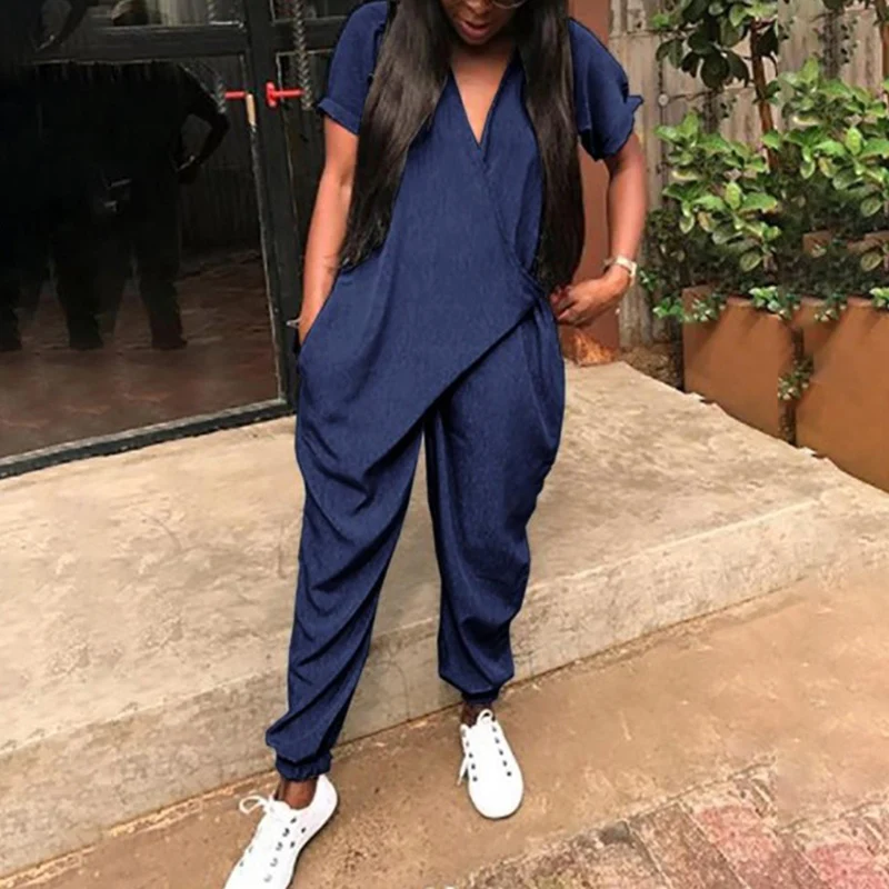 Summer Rompers Woman Jumpsuits Fashion Solid V Neck Loose Sexy Women Playsuits  Casual Women Jumpsuit Overalls Plus Size