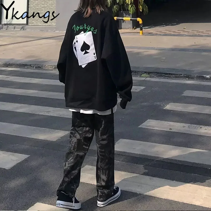 

Street Style Poker Print Women's Pullover Campus Style Fashion Round Neck Ladies Blouse Y2k Loose Casual Long-sleeved Top 2021
