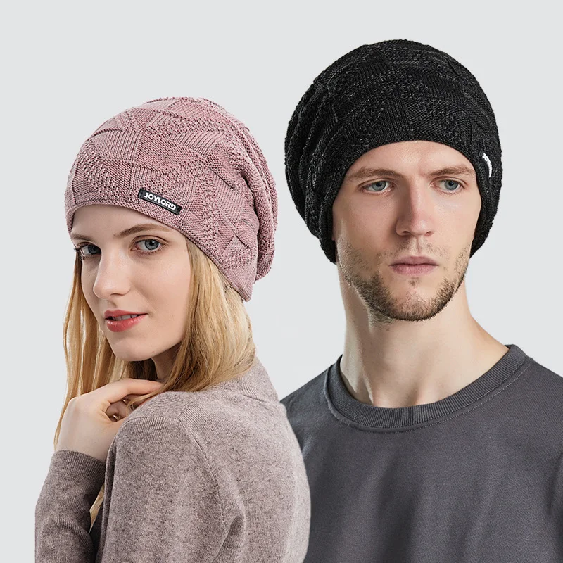 

HanXi Europe America Autumn Winter Knitted Hats Women Men Velvet Hooded Woolen Beanie Ear Protection Warm Unisex Ski Cap