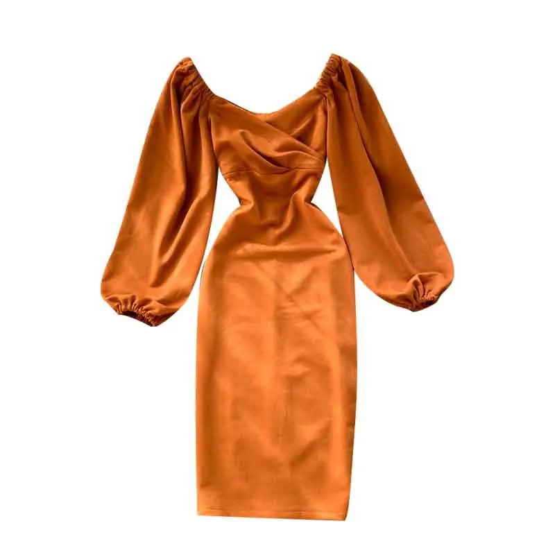 

Women's Spring Autumn Dress Korean Style Retro Solid Color Lantern Sleeve V-neck Dress New Long-sleeved Slim Dresses QX853
