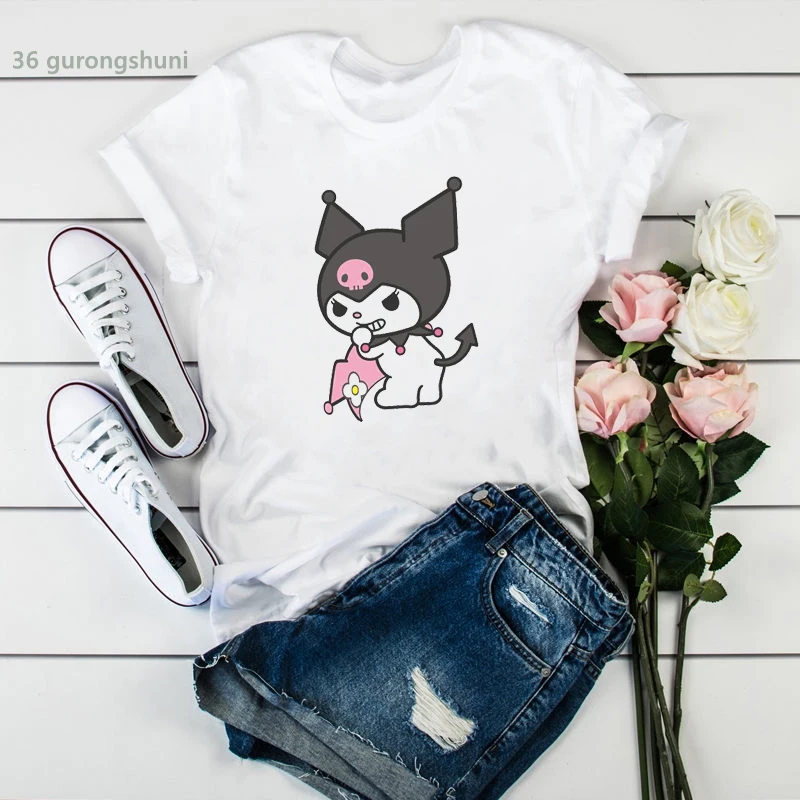 

newly tshirt women cute Kuromi cartoon print t shirt femme summer Korean style clothes harajuku shirt Hip hop plus size tops