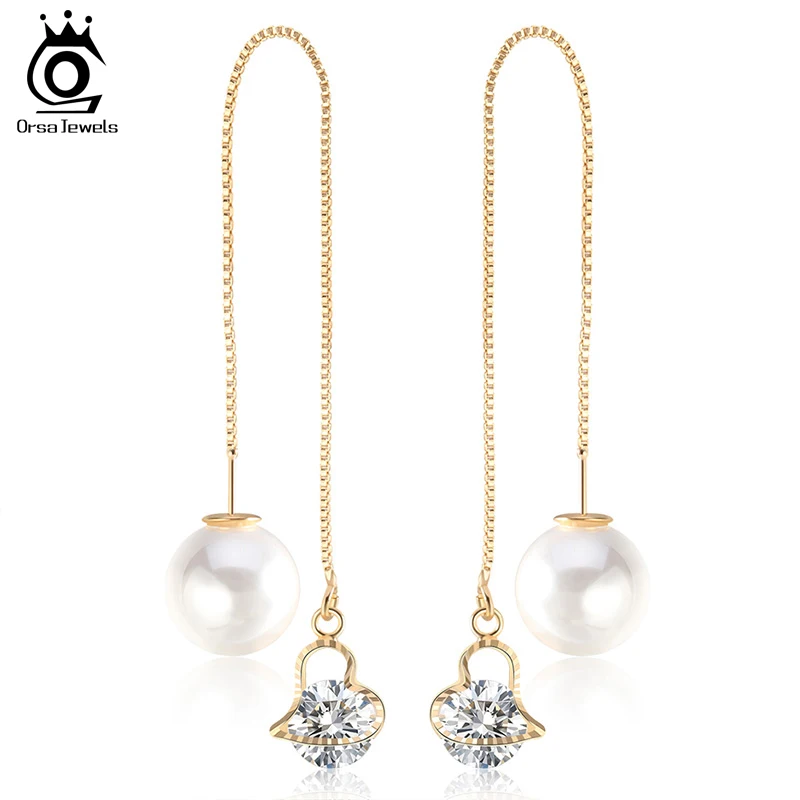 ORSA JEWELS Австрийские длинные с кристаллами серьги-гвоздики в форме сердца с большим искусственным жемчугом элегантные золотые ювелирные изделия для женщин OME26 - Окраска металла: OME26-G