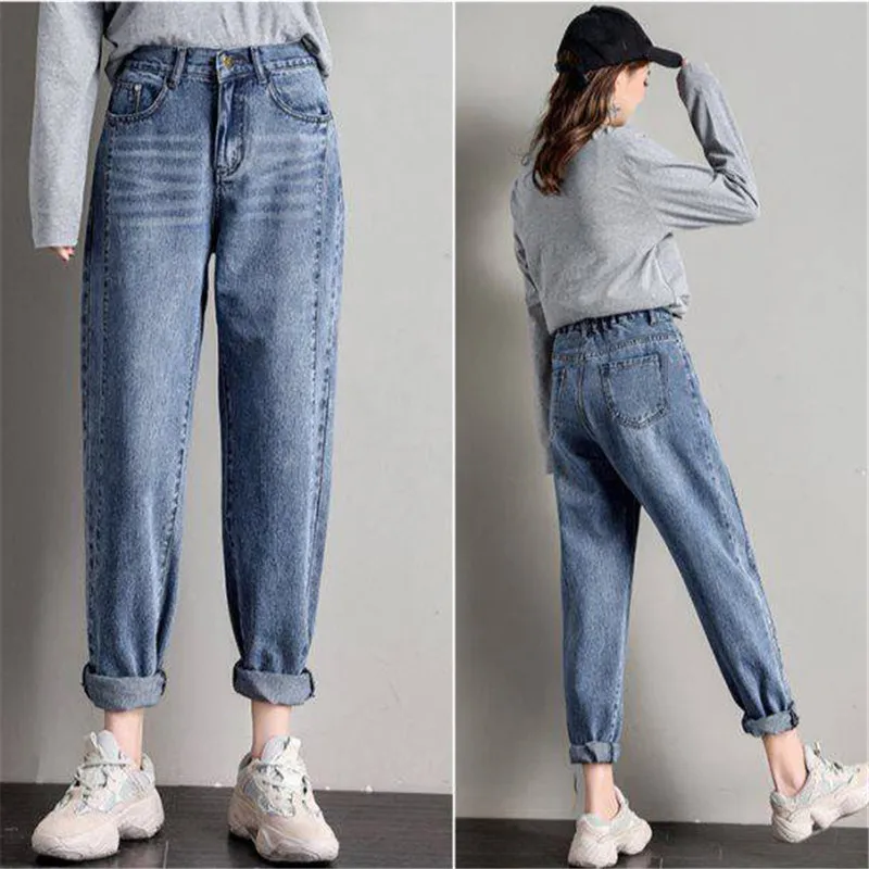 

Женские джинсы из денима, светло-голубые свободные брюки до щиколотки с эластичной завышенной талией, модель 2020 года, размера плюс