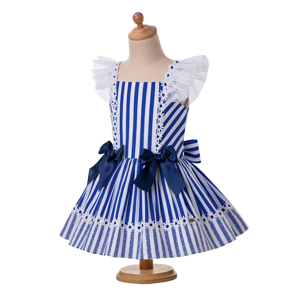 Cutestyles Cotton Vintage Summer Deep Blue Stripe Princess WeddingDresses For Baby Girls With Bow EG-DMGD203-C151 | Детская одежда и