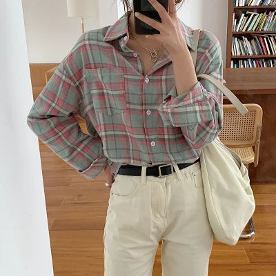 Женская винтажная рубашка в клетку универсальная простая Свободная уличном