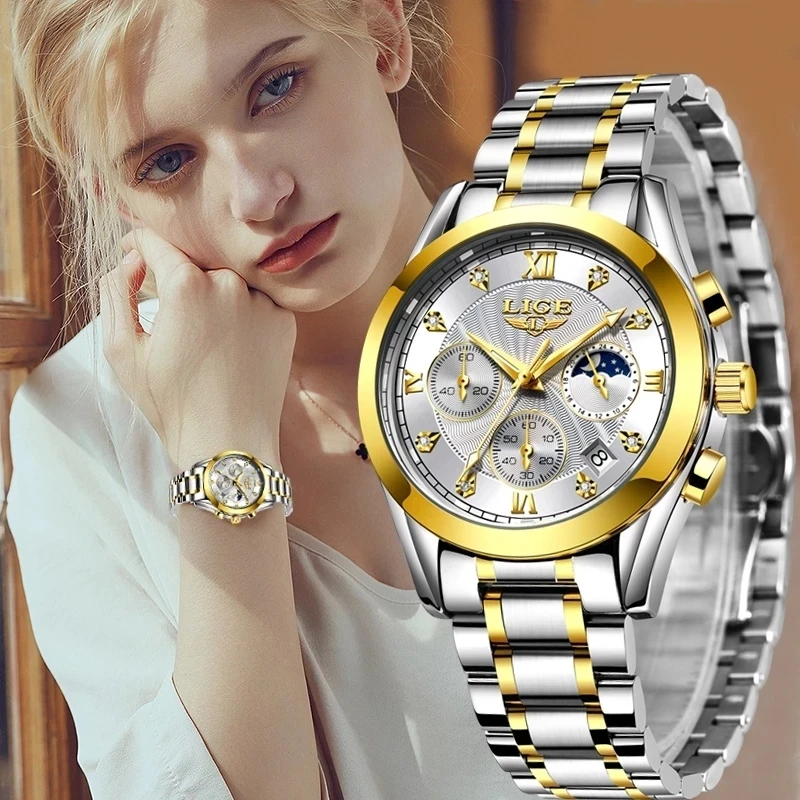 

Часы наручные LIGE женские, креативные золотистые водонепроницаемые стальные, с браслетом, 2021