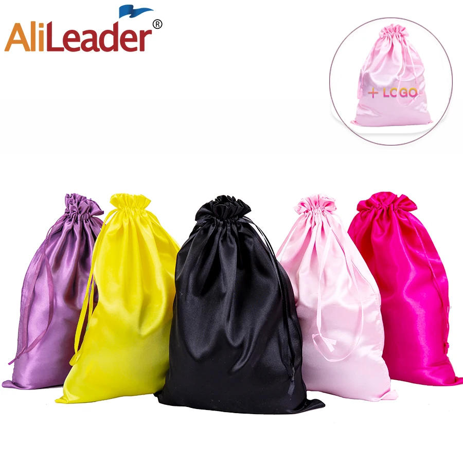 

Alileader Cheap Satin Hair Extensions Bags Custom Logo Wigs Bag Hair Bundle Satin Pouch With Drawstring Silk Wig Bags For Hair
