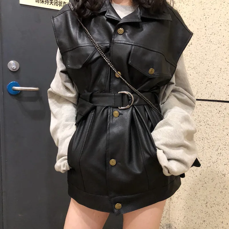 Женский однотонный жилет модная Осенняя однобортная мотоциклетная кожаная