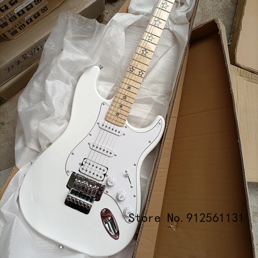 

Free Shipping 6 Strings White Electric Guitar with Tremolo Bar,Maple Fretboard