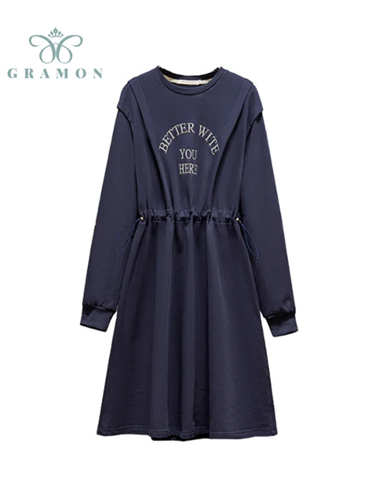 

Long Dresses Women 2021 Plus Size Clothes Aututmn O Neck Letter Embroidery Korean Fashion Vestidos De Mujer Casual Midi Dress