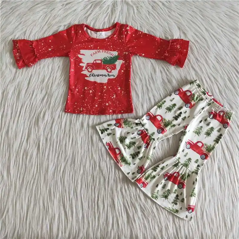 

2021 New Baby Girls Clothes Car Print Long Sleeve Bell-Bottom Toddler Kids Wear For Christmas Day
