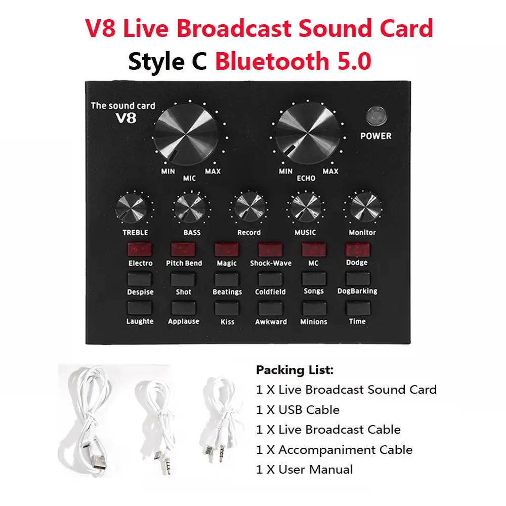 ALLOYSEED V8 аудио USB микрофон гарнитуры трансляция Live звуковая карта 112 виды Электрический звуковой трансляции для телефона компьютер PC аудиокарта звуковая карта внешняя звуковая карта - Цвет: V8 Style C BT5.0