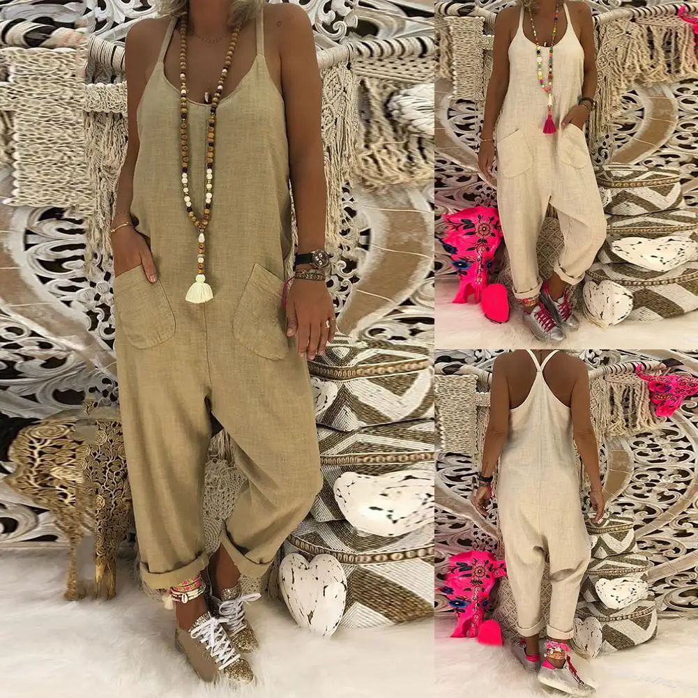 

Женский комбинезон без рукавов, Свободные мешковатые штаны с карманами на лямках, комбинезон на лямках, женские летние штаны