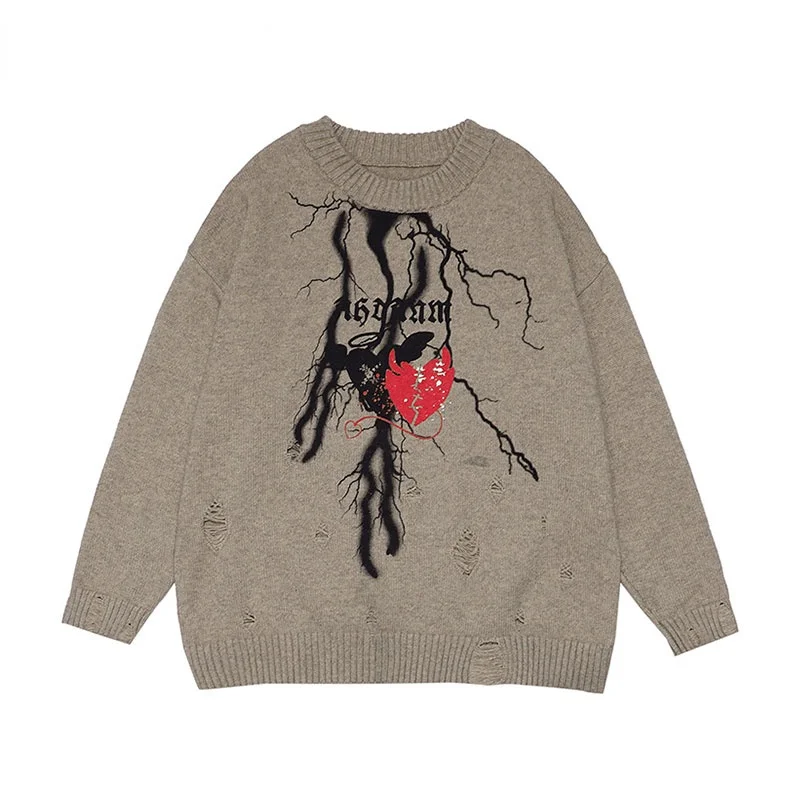 

2022 уличные свитера в стиле Харадзюку, состаренные вязаные джемперы с принтом ангела, дьявола, сердца, молнии, свитер, повседневные топы в сти...