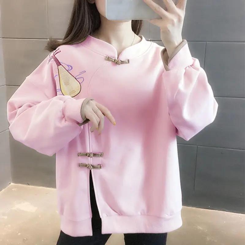 

ROENICK Hoodies Sweatshirts Women Cotton Embroidery Pullovers Womens Chinese Style Sweatshirt Split Asymmetrical Loose Coat