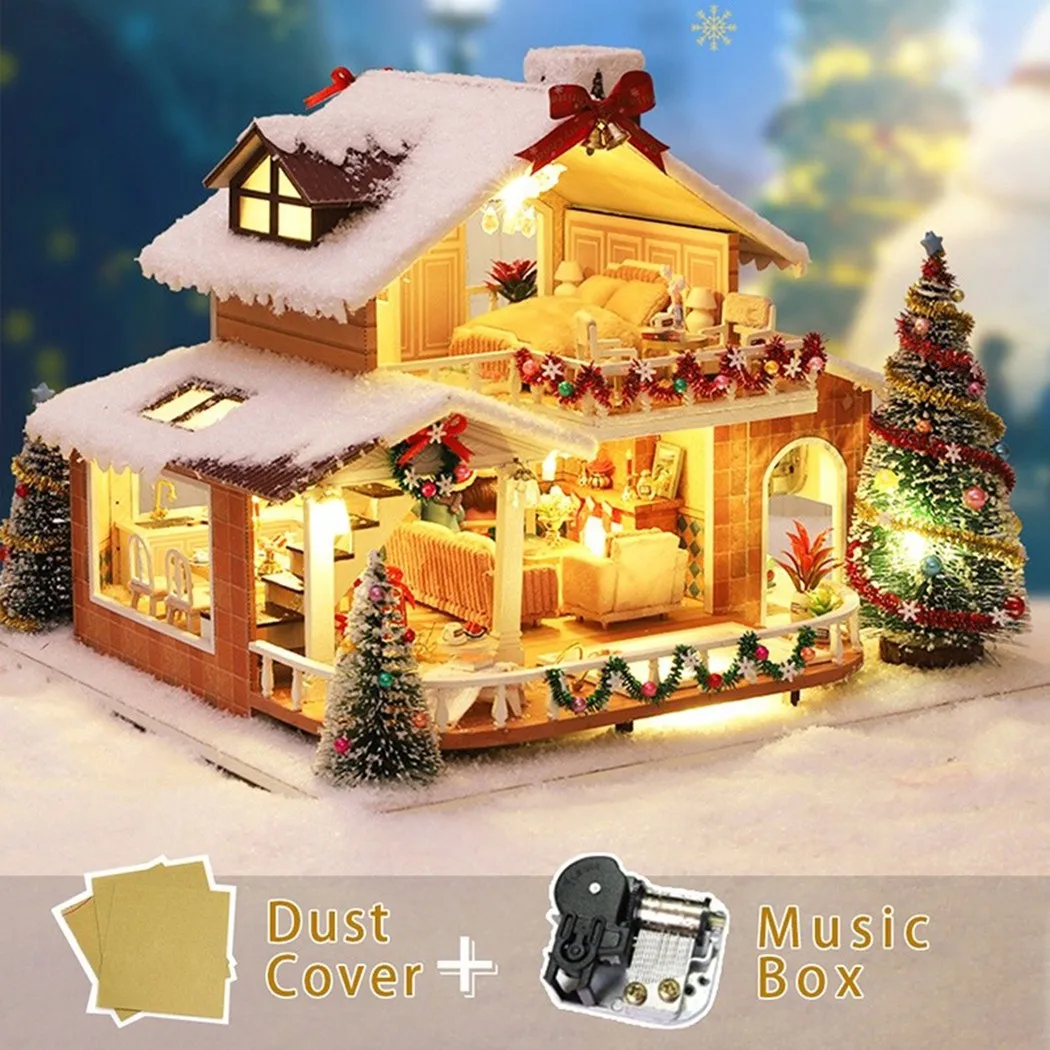 

Cutebee DIY Dollhouse With Furniture, Christmas Miniature House With LED Lights DIY Hut Snow Manor Christmas Carnival Gift DIY