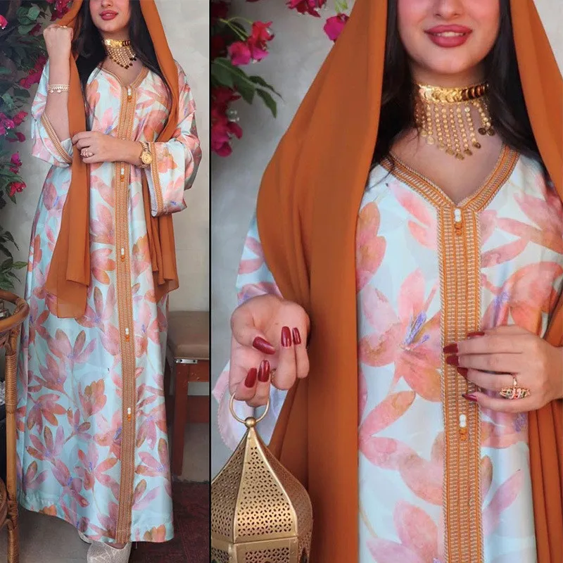 Мусульманская Этническая мусульманская одежда с цветочным принтом, длинное платье, женское марокканское Макси-Платье с V-образным вырезом, ...