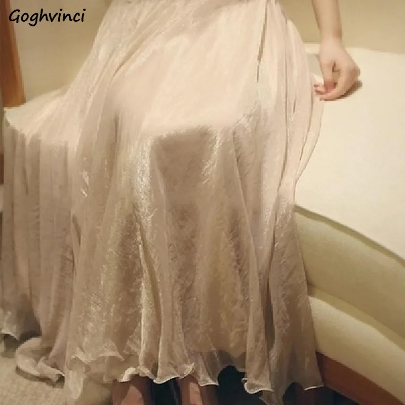 

Chiffon Women Skirts Solid Ruffles Ankle-length Simple Korean Style Elegant Casual All-match Fashion Lining A-line Empire Chic