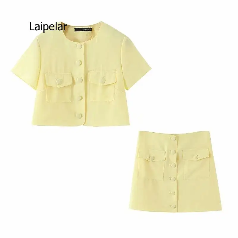 

Summer ladies skirt suit fashion all-match slim short-sleeved small suit yellow skirt suit 2-piece set