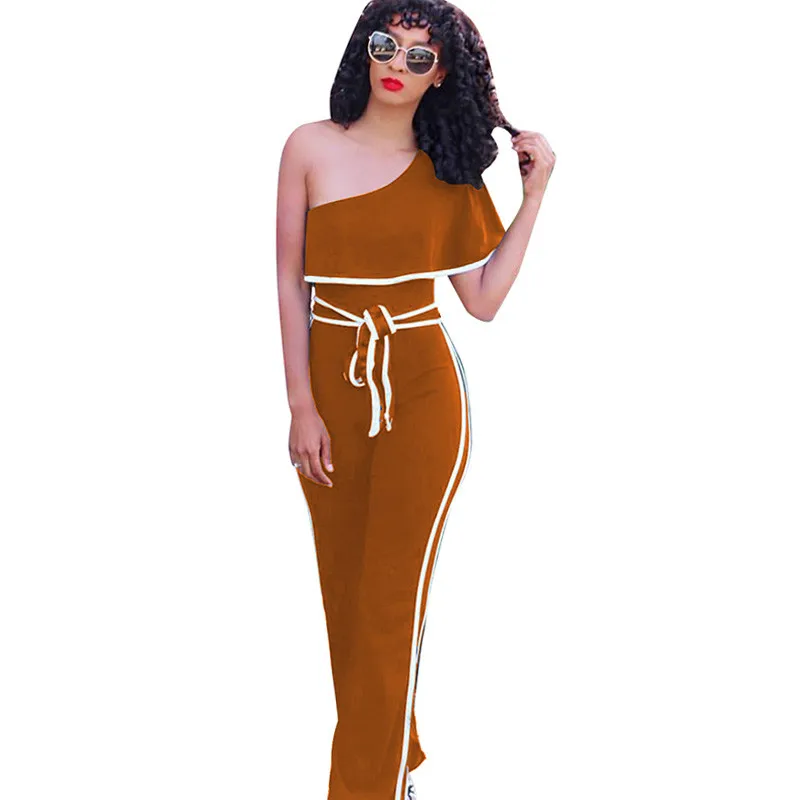 

New Office Lady One Shoulder Wide Leg Jumpsuit Women Overalls Ruffles Sexy Party Rompers Workwear Loose Elegant Jumpsuit Sashes