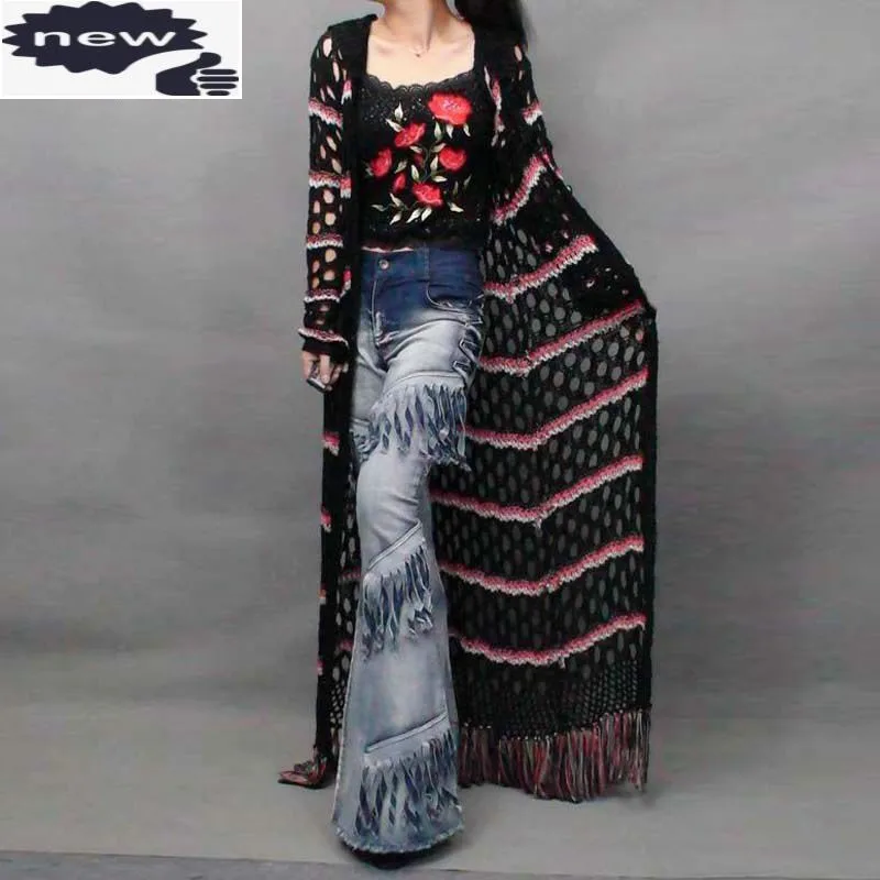 Женский трикотажный кардиган с кисточками повседневное длинное пончо разрезом