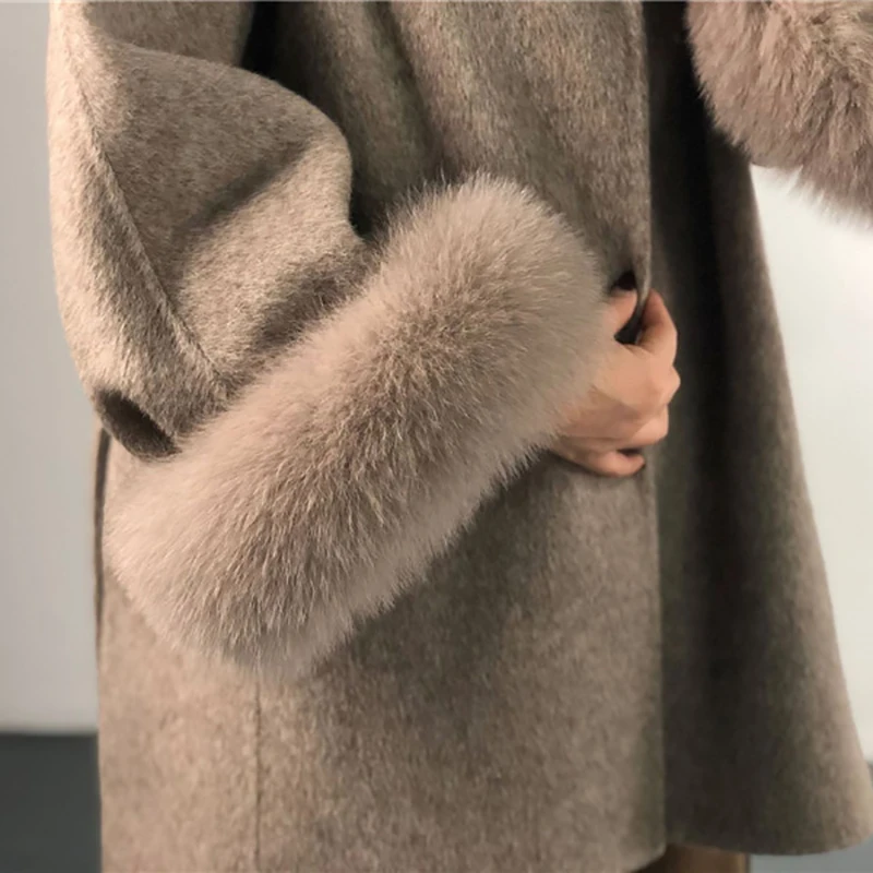 

High Quality Double-faced Cashmere Coat Women Autumn Winter Loose Fox Fur Cuff Handmade Wool Jacket Belt Casual Outwear KW267