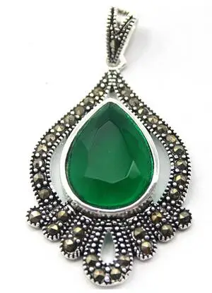 

40*20 Faceted Green Natural Jade 925 Sterling Silver Marcasite Water drop Pendant + free chain