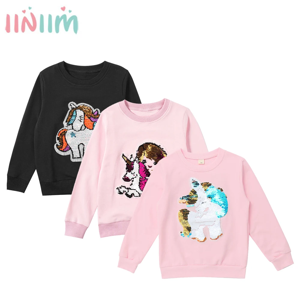 

Свитшоты для маленьких девочек Цвет изменение блёстки лошадь, осенне-весенняя одежда для детей, толстовки с капюшоном и Свитер с длинными р...