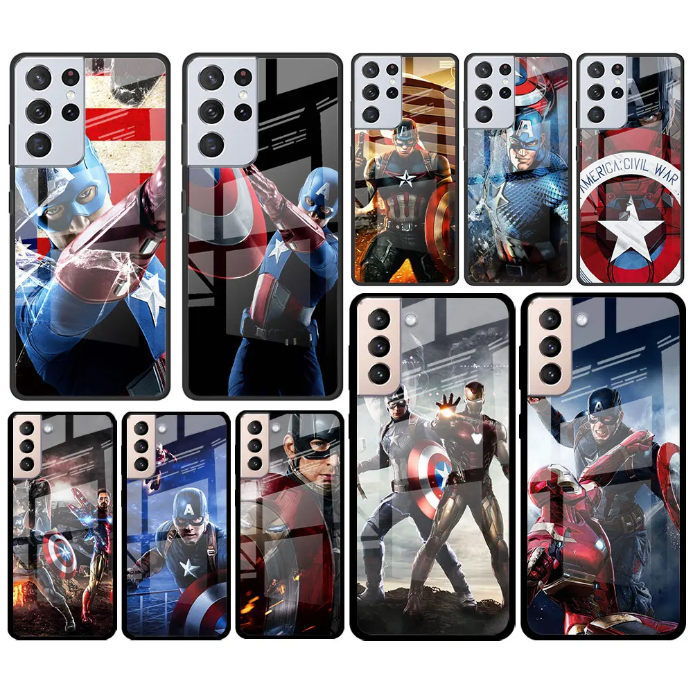 

Captain America Marvel for Samsung Galaxy S21 Ultra Plus A72 A52 4G 5G M51 M31 M21 Luxury Tempered Glass Phone Case Cover