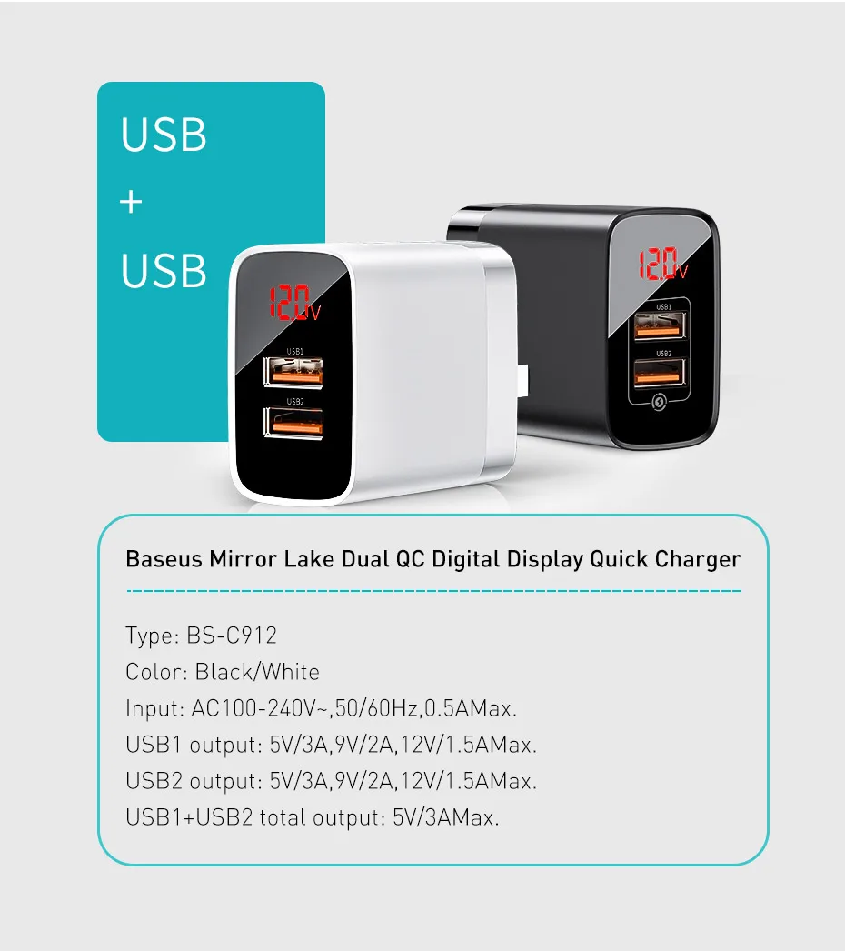 Baseus светодиодный дисплей USB зарядное устройство для мобильного телефона адаптер питания для iPhone samsung xiaomi настенная Быстрая зарядка розетка США вилка универсальная