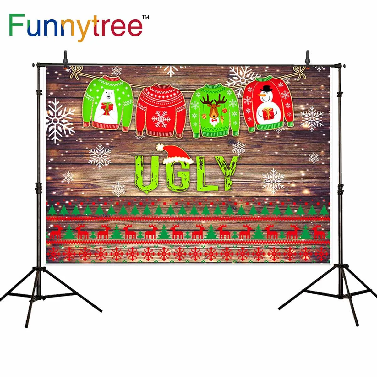 

Funnytree christmas photo background winter snowflake Brown wood backdrop board photography celebration photocall photozone