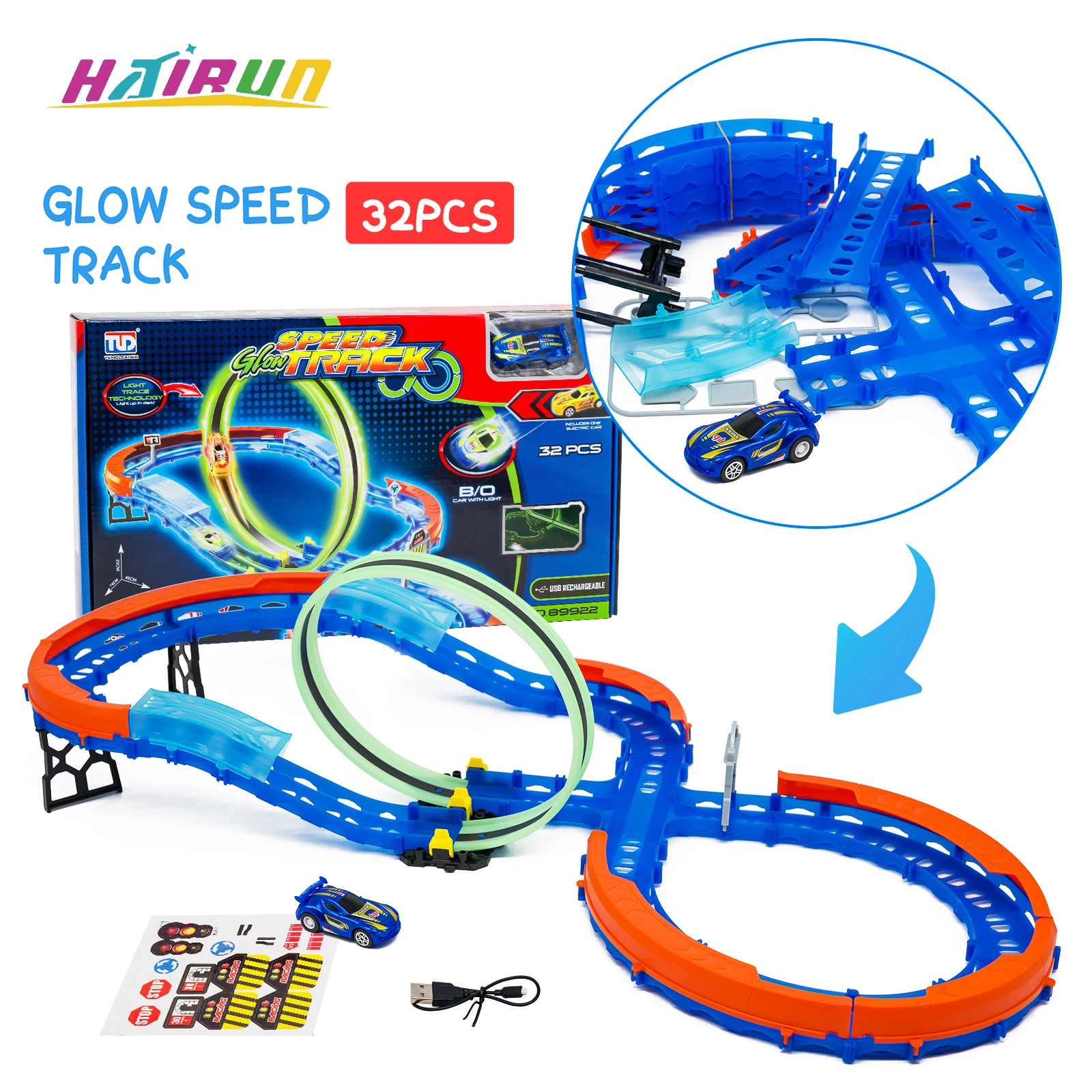 

Hairun Interactive Tumbling Race Train Track Racing Track Car Electric Circuit Car Florescent Mental Car Traffic Toy for Boy
