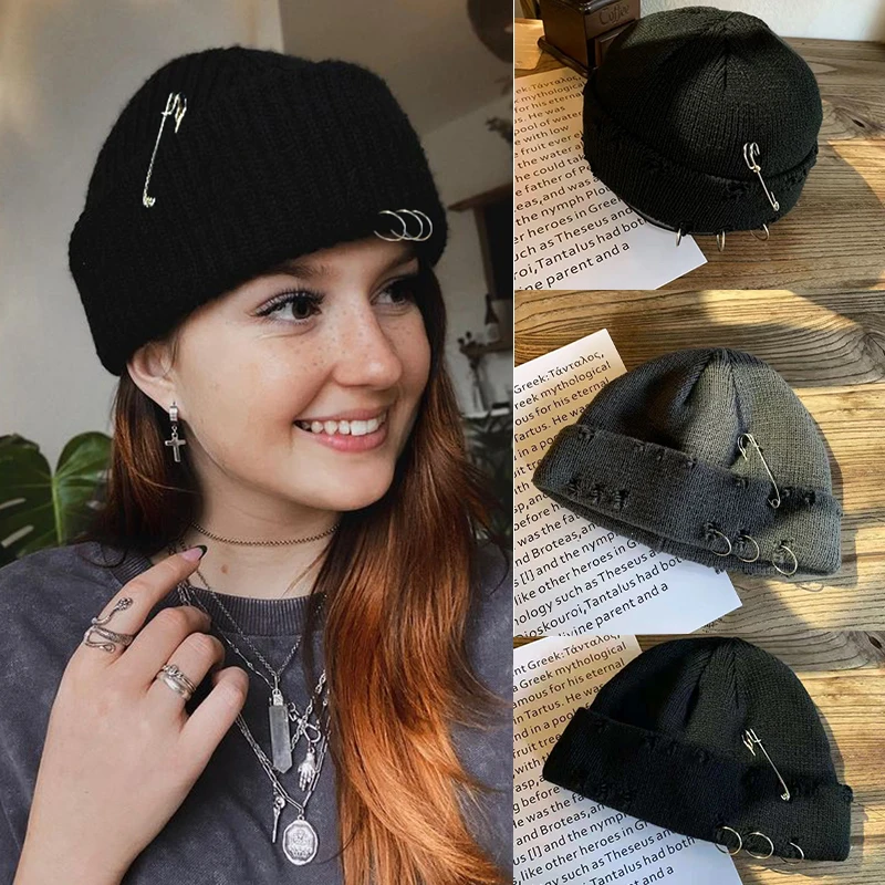 Мужские шапочки DT012 в стиле хип-хоп Харадзюку облегающие шапки вязаные с рваными