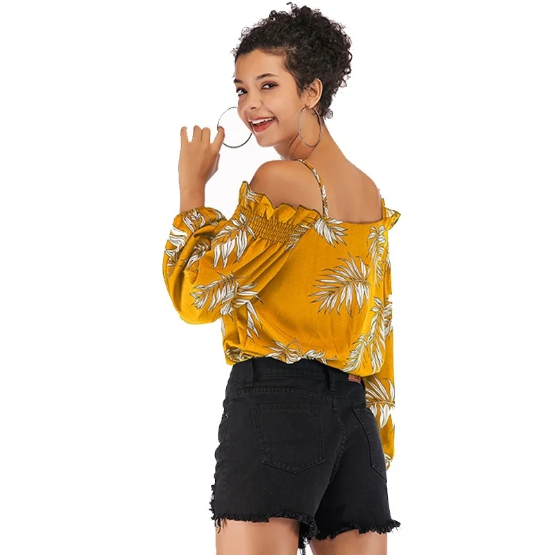 

Blusas Sexy Strapless Sling Chiffon Blouses Women's Shirt Autumn Slim Printed Shirt Womens Tops and Blouses