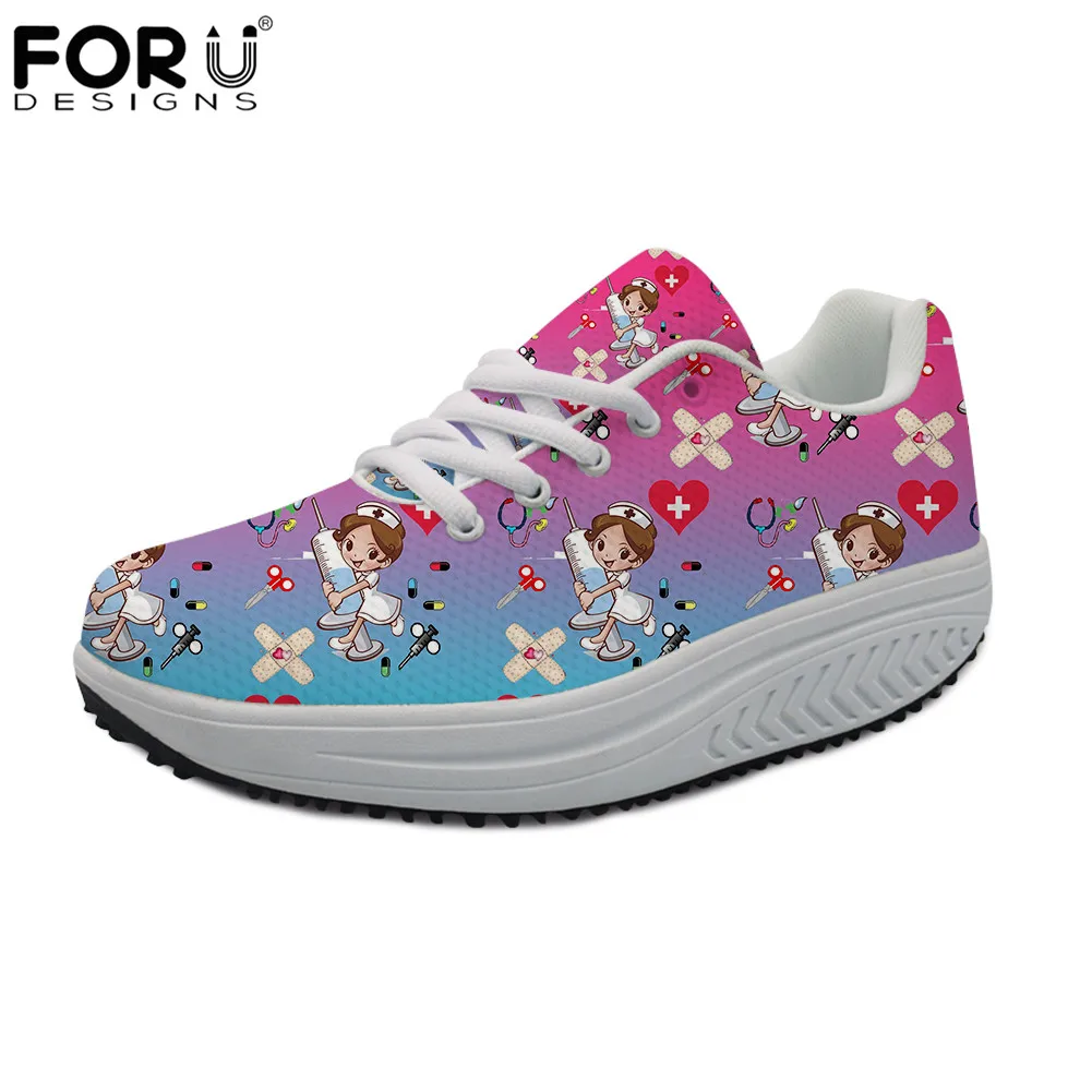 

FORUDESIGNS Women Casual Shoes Platform Air Mesh Height Increasing Cartoon Nurse Swing Shoes Flats Slimming Girls Spring Shoes