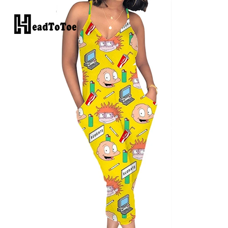 

Cartoon Print Pocket Design Rompers Women Jumpsuits Sexy Spaghetti Strap One Piece Overalls