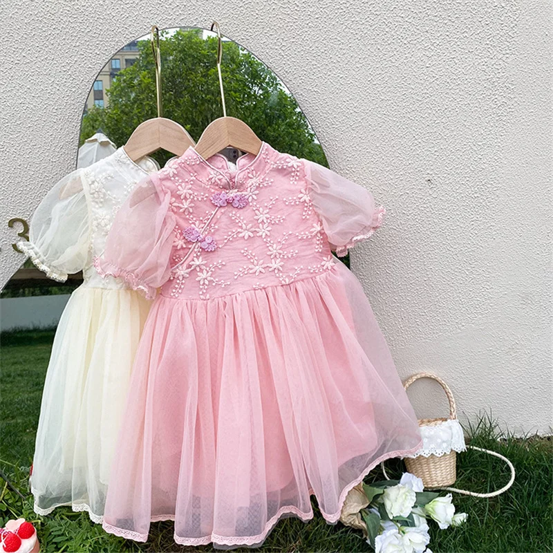 

Girls Embroidery Floral Patchwork Mesh Princess Dress Summer 2021 Kids Chinese style Short Sleeve Dresses